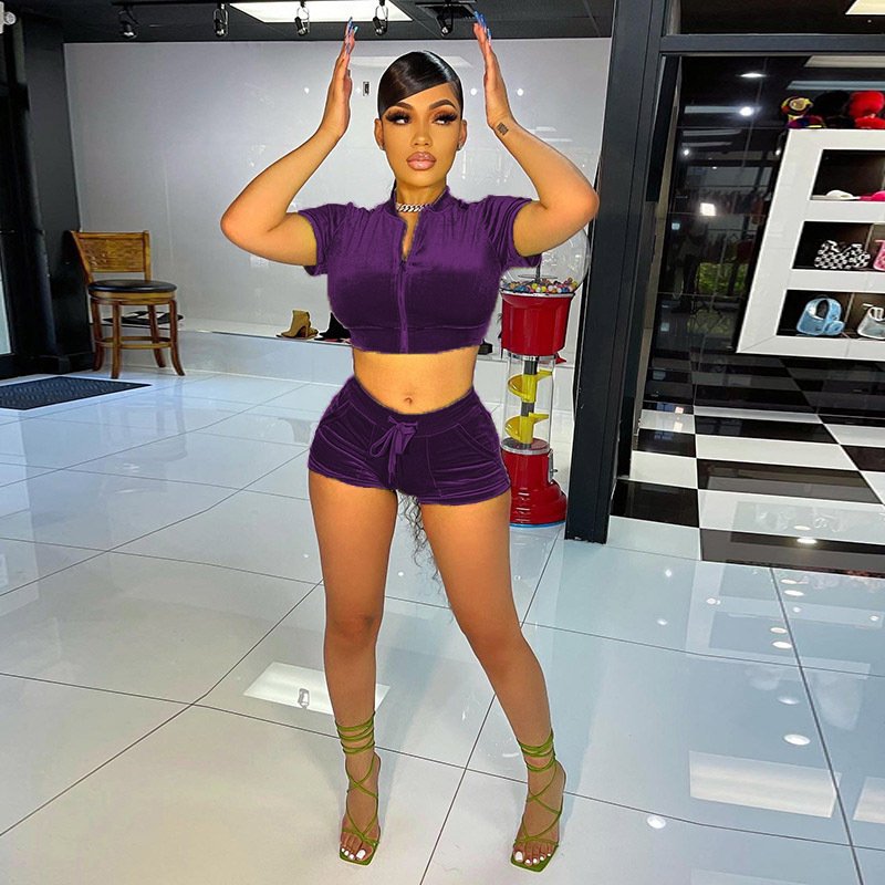 Custom Rhinestone LOGO Summer Outfit Crop Short Sleeve Zip Up Velvet Women Tracksuit Jogger Shorts Two 2 piece Women's Set