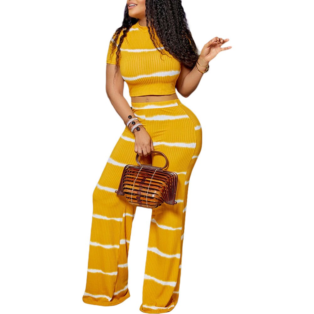 New Arrival Women 2 Piece Sets Fall 2024 Women's Sets Striped Print Rib Knit Wide Leg Set
