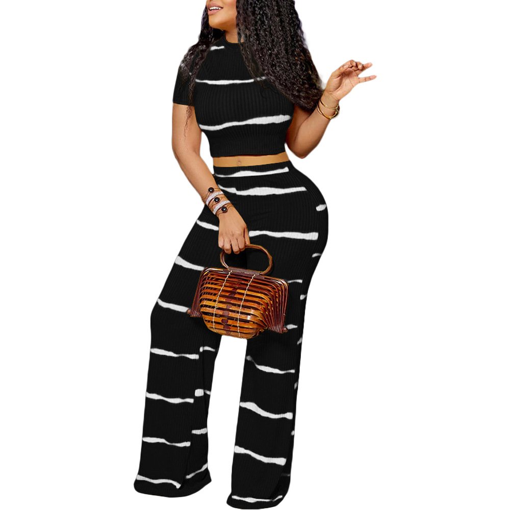 New Arrival Women 2 Piece Sets Fall 2024 Women's Sets Striped Print Rib Knit Wide Leg Set