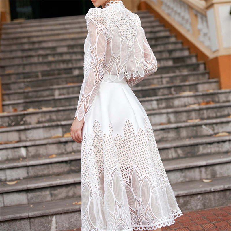 Boutique Wholesale 2024 New Autumn&Winter Women Two Piece Set Lace Embroidery Hollow Out Top Half Skirt Fashion Women's Set