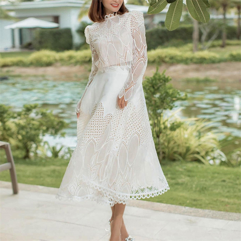 Boutique Wholesale 2024 New Autumn&Winter Women Two Piece Set Lace Embroidery Hollow Out Top Half Skirt Fashion Women's Set