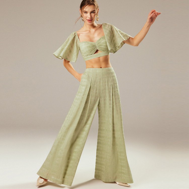 OLAESA 2023 New Fashion Women'S Suit Lotus Leaf Sleeve Crop Top Wide-Leg Pants Flocking Custom-Made Casual Women's Sets