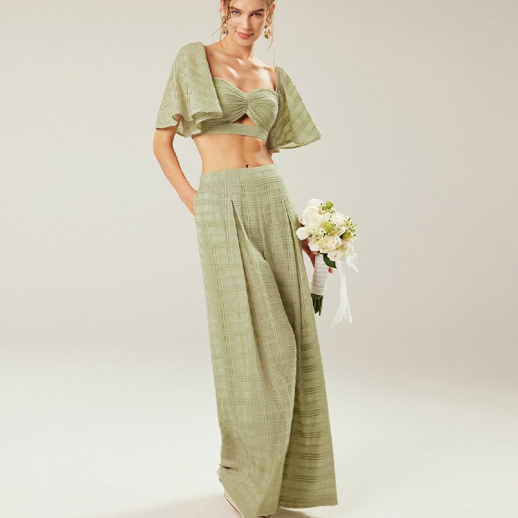 OLAESA 2023 New Fashion Women'S Suit Lotus Leaf Sleeve Crop Top Wide-Leg Pants Flocking Custom-Made Casual Women's Sets