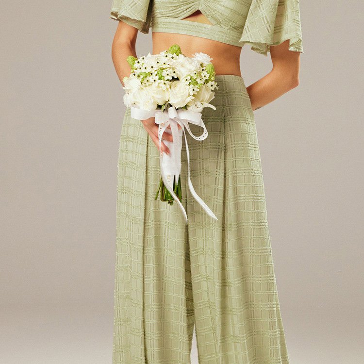 OLAESA 2023 New Fashion Women'S Suit Lotus Leaf Sleeve Crop Top Wide-Leg Pants Flocking Custom-Made Casual Women's Sets