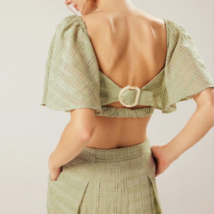 OLAESA 2023 New Fashion Women'S Suit Lotus Leaf Sleeve Crop Top Wide-Leg Pants Flocking Custom-Made Casual Women's Sets
