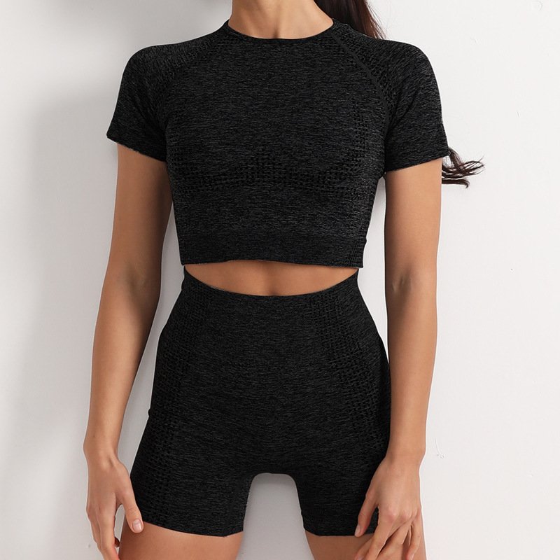 Wholesale Custom Logo 2 Piece Seamless Yoga Leggings Set Athletic Wear Booty Scrunch Short Butt Lifting Yoga Top and ShortsSet