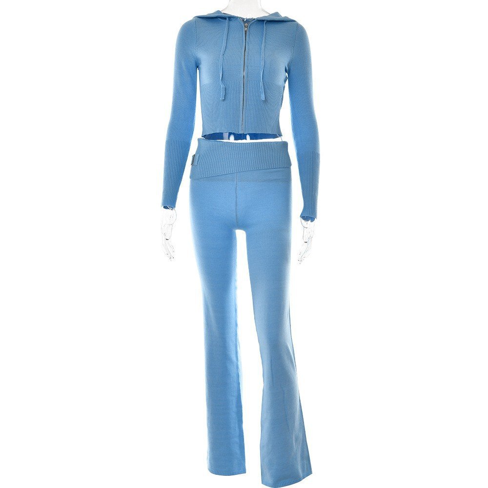 Knitted Hooded Suit 2024 Autumn/Winter Women's Fashion Sexy High Waist Long-Sleeved Long Pants Two-piece Sets for women