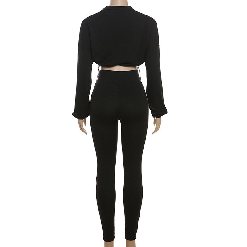 2024 Spring and Autumn New Product Sexy Drawstring Waist Exposed Umbilical Top High Waist Tight Pants Set for Women