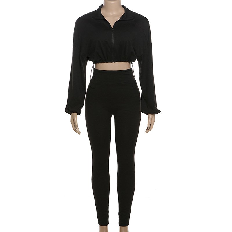 2024 Spring and Autumn New Product Sexy Drawstring Waist Exposed Umbilical Top High Waist Tight Pants Set for Women