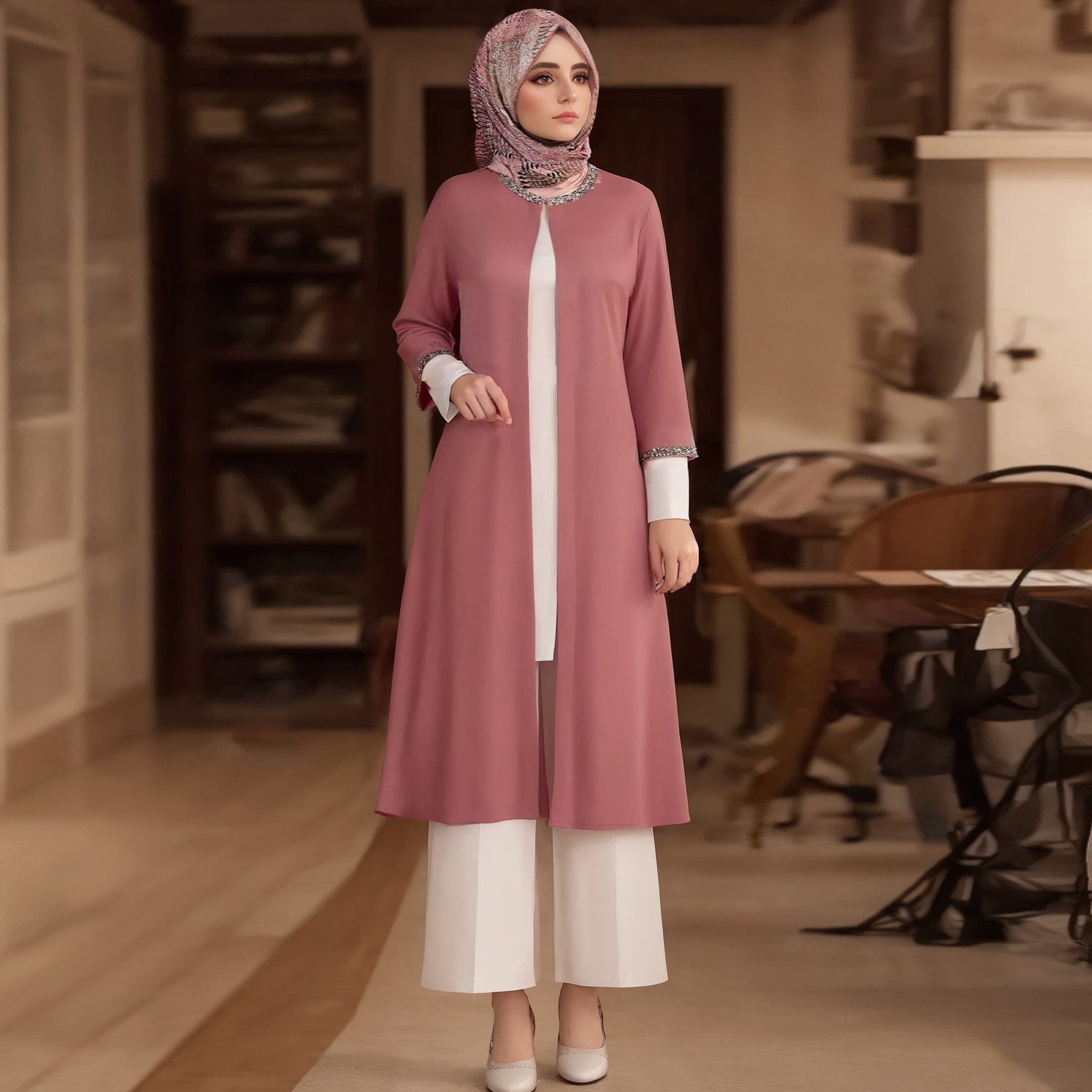 Middle East Abaya Arab Muslim Turkey Dubai Round Neck Summer Thin Cardigan Dress Islamic Women's Jacket Single Robe 6659