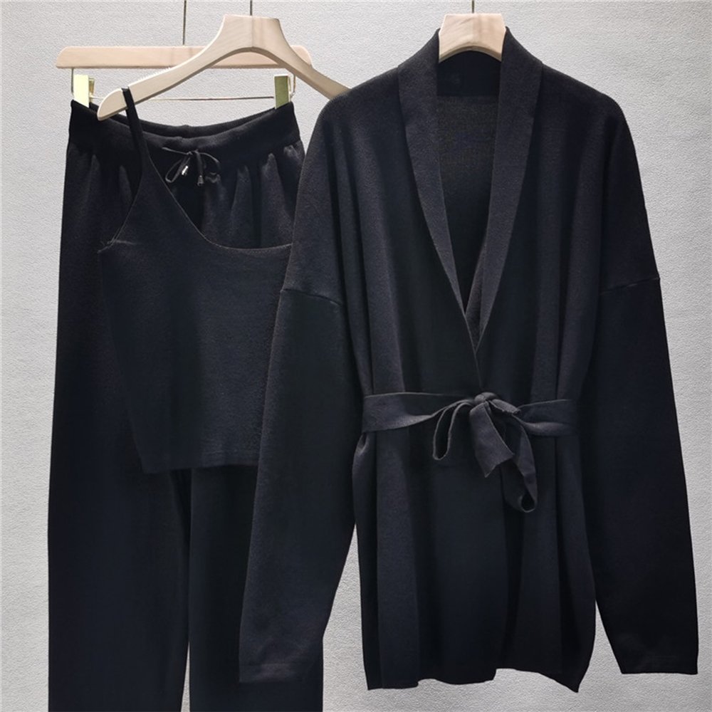 ATOPTEX Perfect Outfit Knitted Cardigan Camisole and Wide-Leg Pants Three Piece Daily Commuter Sweater Women's Set