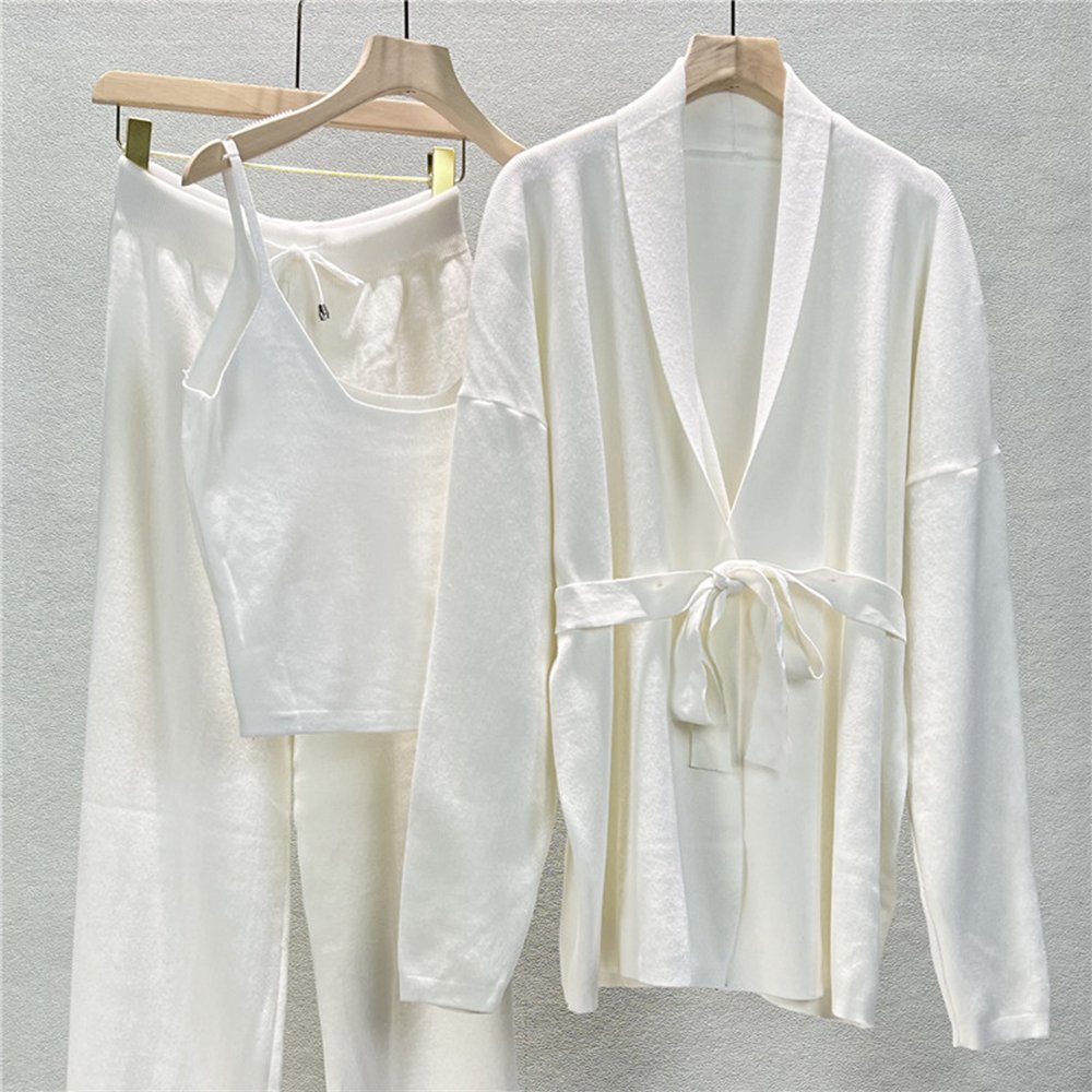 ATOPTEX Perfect Outfit Knitted Cardigan Camisole and Wide-Leg Pants Three Piece Daily Commuter Sweater Women's Set