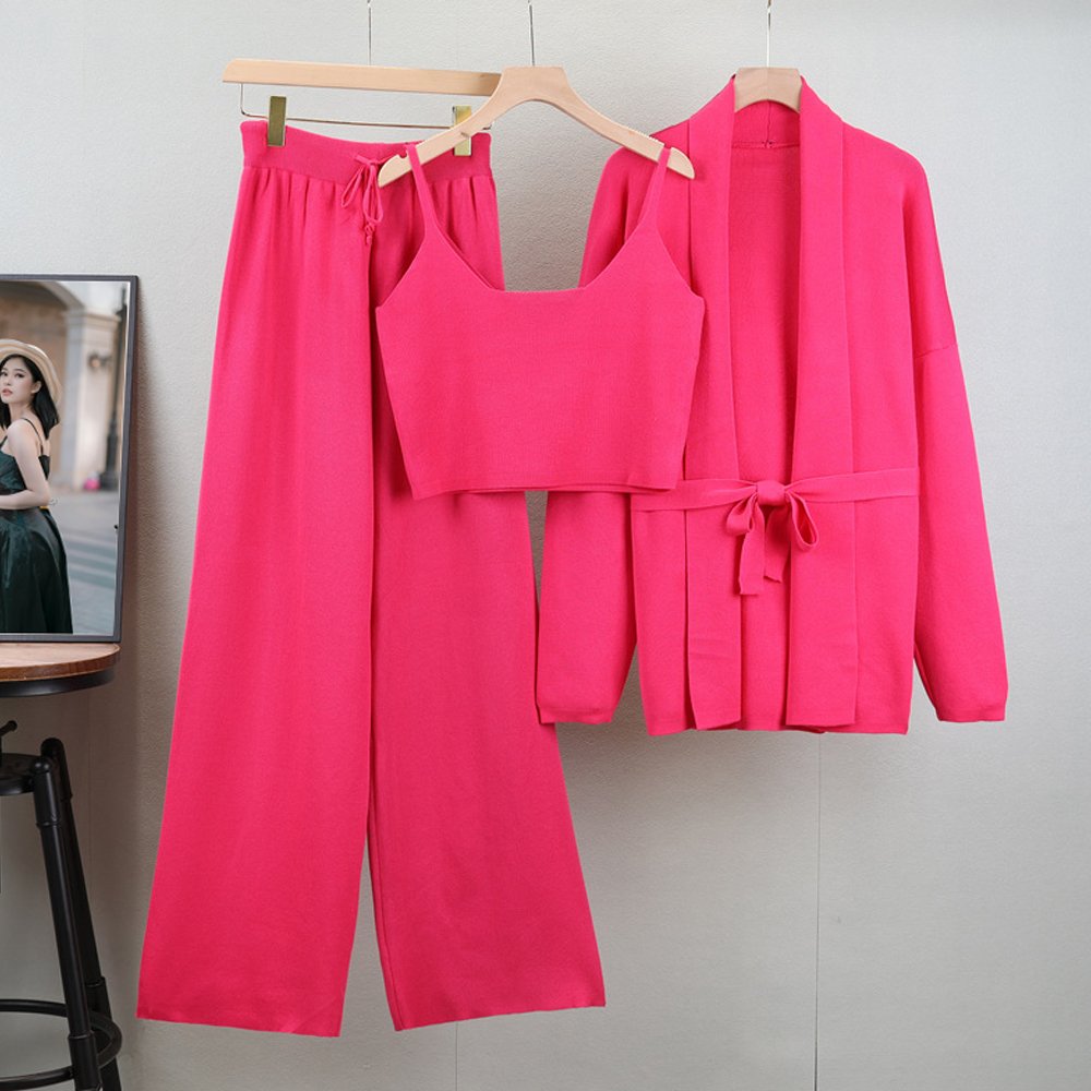 ATOPTEX Perfect Outfit Knitted Cardigan Camisole and Wide-Leg Pants Three Piece Daily Commuter Sweater Women's Set