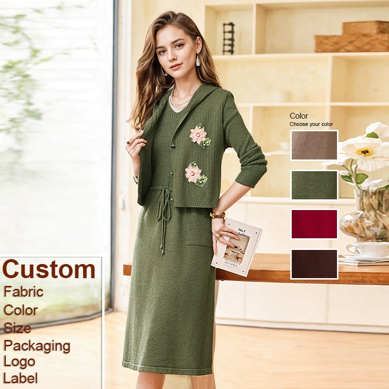Custom 2 pieces women's set 2024 Autumn and Spring Elegant New 3D Flower Hooded Vest Long Sleeved Dress Two Piece Set