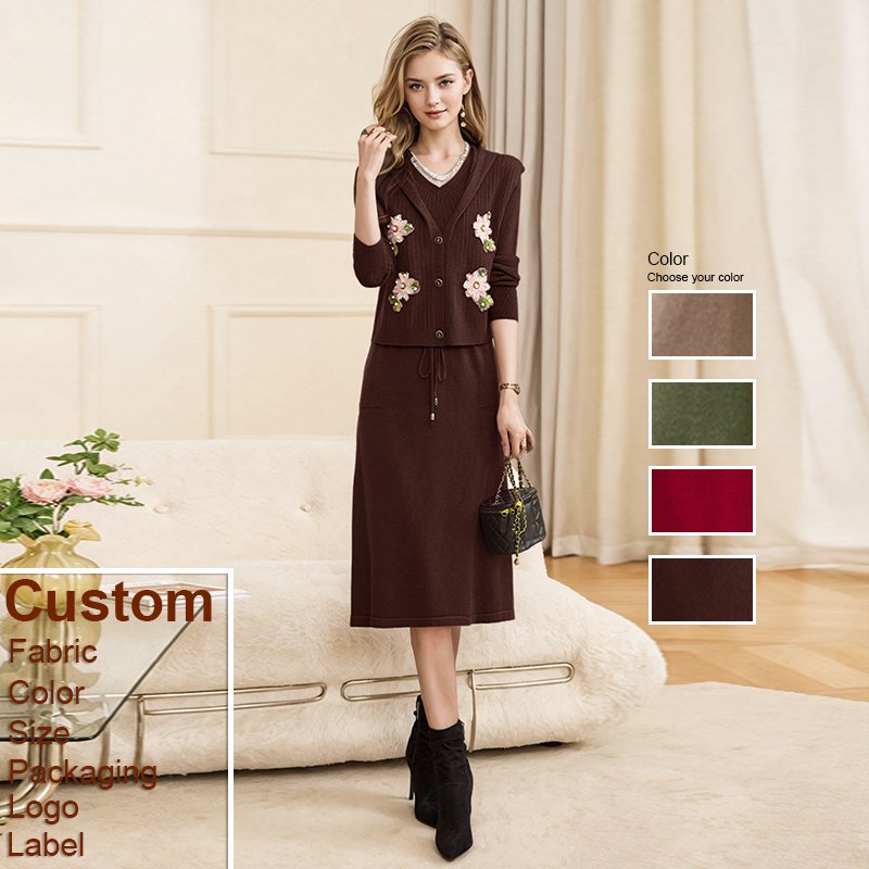 Custom 2 pieces women's set 2024 Autumn and Spring Elegant New 3D Flower Hooded Vest Long Sleeved Dress Two Piece Set