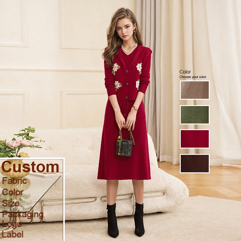 Custom 2 pieces women's set 2024 Autumn and Spring Elegant New 3D Flower Hooded Vest Long Sleeved Dress Two Piece Set