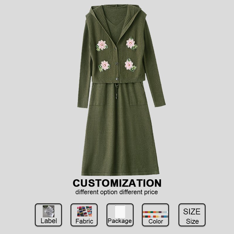Custom 2 pieces women's set 2024 Autumn and Spring Elegant New 3D Flower Hooded Vest Long Sleeved Dress Two Piece Set