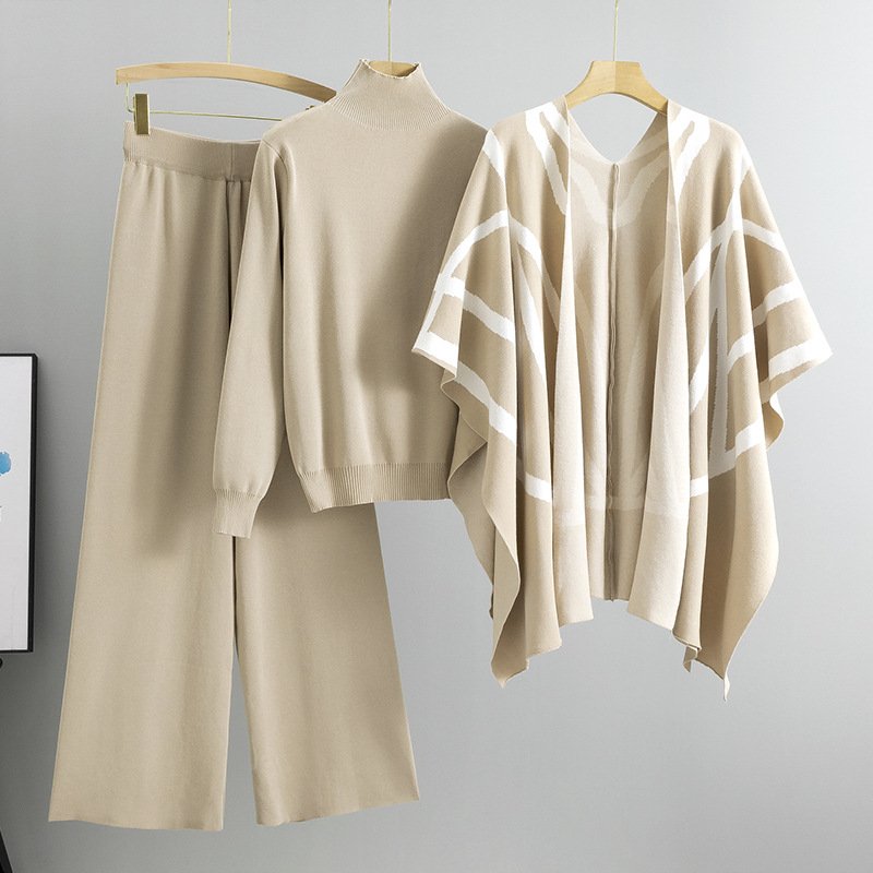 Boutique Wholesale 2024 Summer New Style Temperament Socialite Lazy Style Knitted Sweater Shawl Cape Wide Leg Pants Women's Set