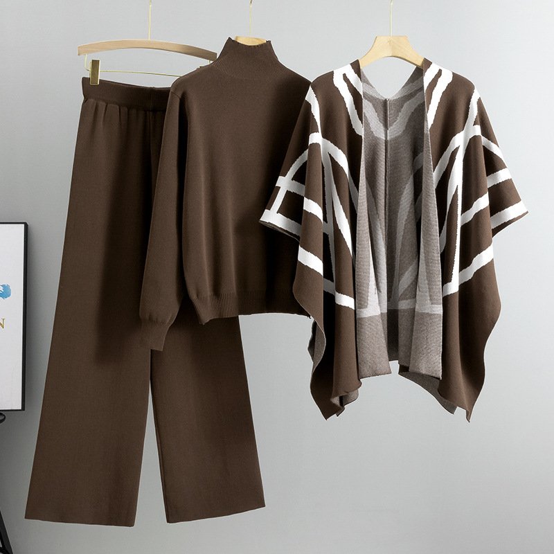 Boutique Wholesale 2024 Summer New Style Temperament Socialite Lazy Style Knitted Sweater Shawl Cape Wide Leg Pants Women's Set