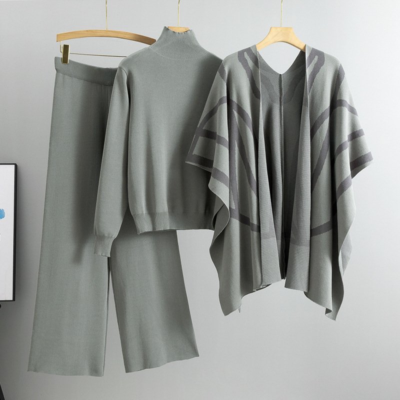Boutique Wholesale 2024 Summer New Style Temperament Socialite Lazy Style Knitted Sweater Shawl Cape Wide Leg Pants Women's Set