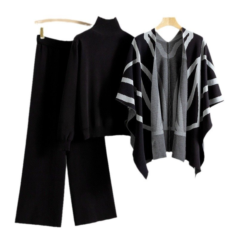 Boutique Wholesale 2024 Summer New Style Temperament Socialite Lazy Style Knitted Sweater Shawl Cape Wide Leg Pants Women's Set