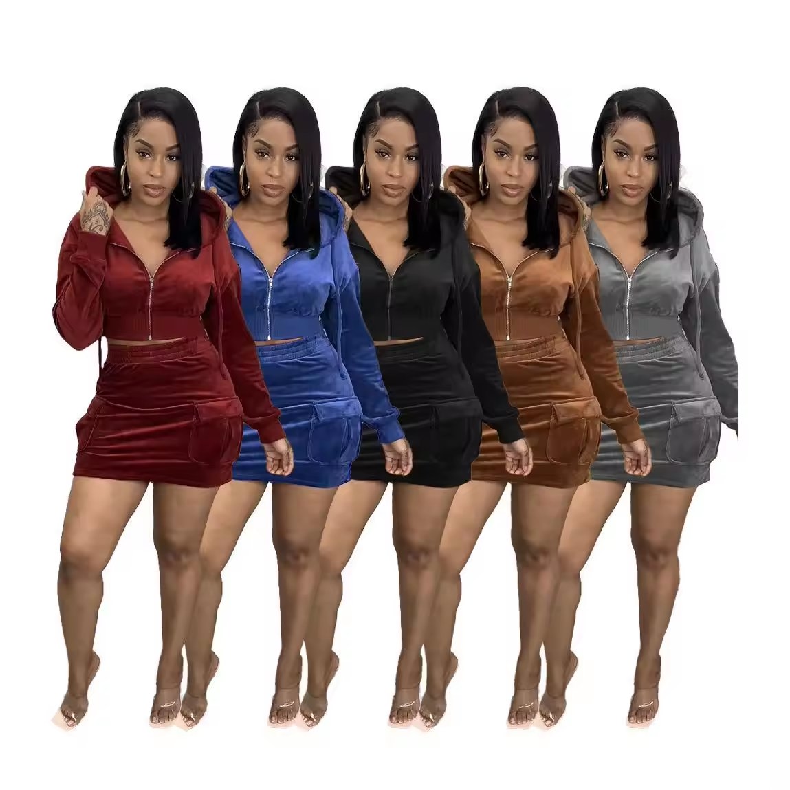 2024 New Fall Women Long Sleeve Solid Color Cropped Zipper Hoodie and Half Skirt 2 Piece Set Women Casual Skirt Set
