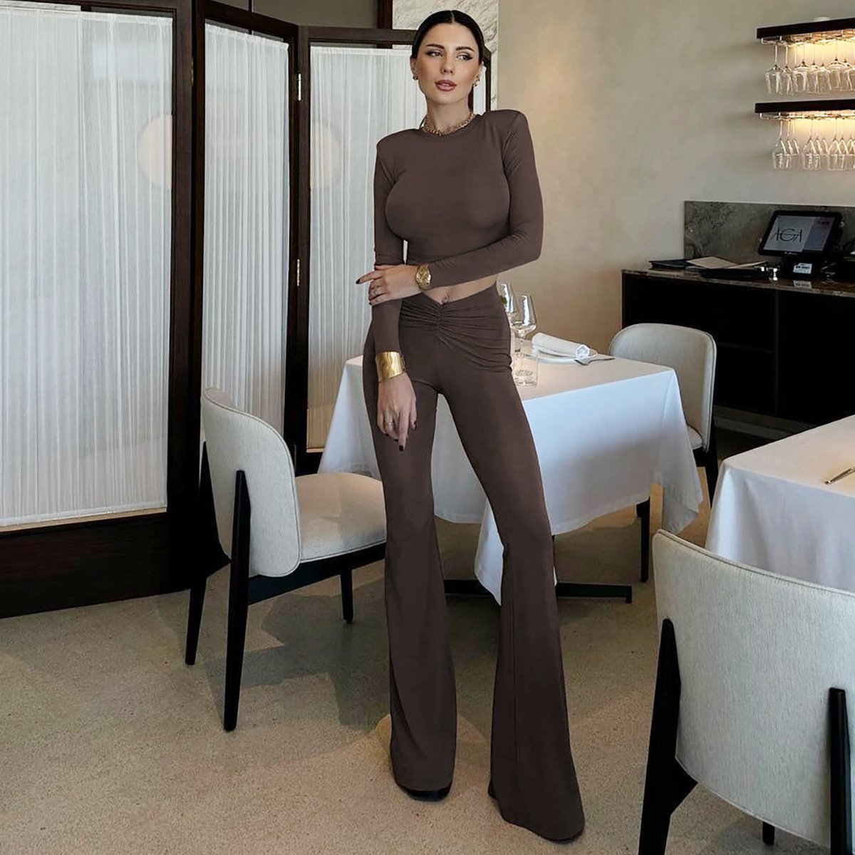 Neck Solid Knit Ribbed Long Sleeve Crop Top Ruched Long Pants Women's Sets Elegant Fall Casual Clothes Streetwea