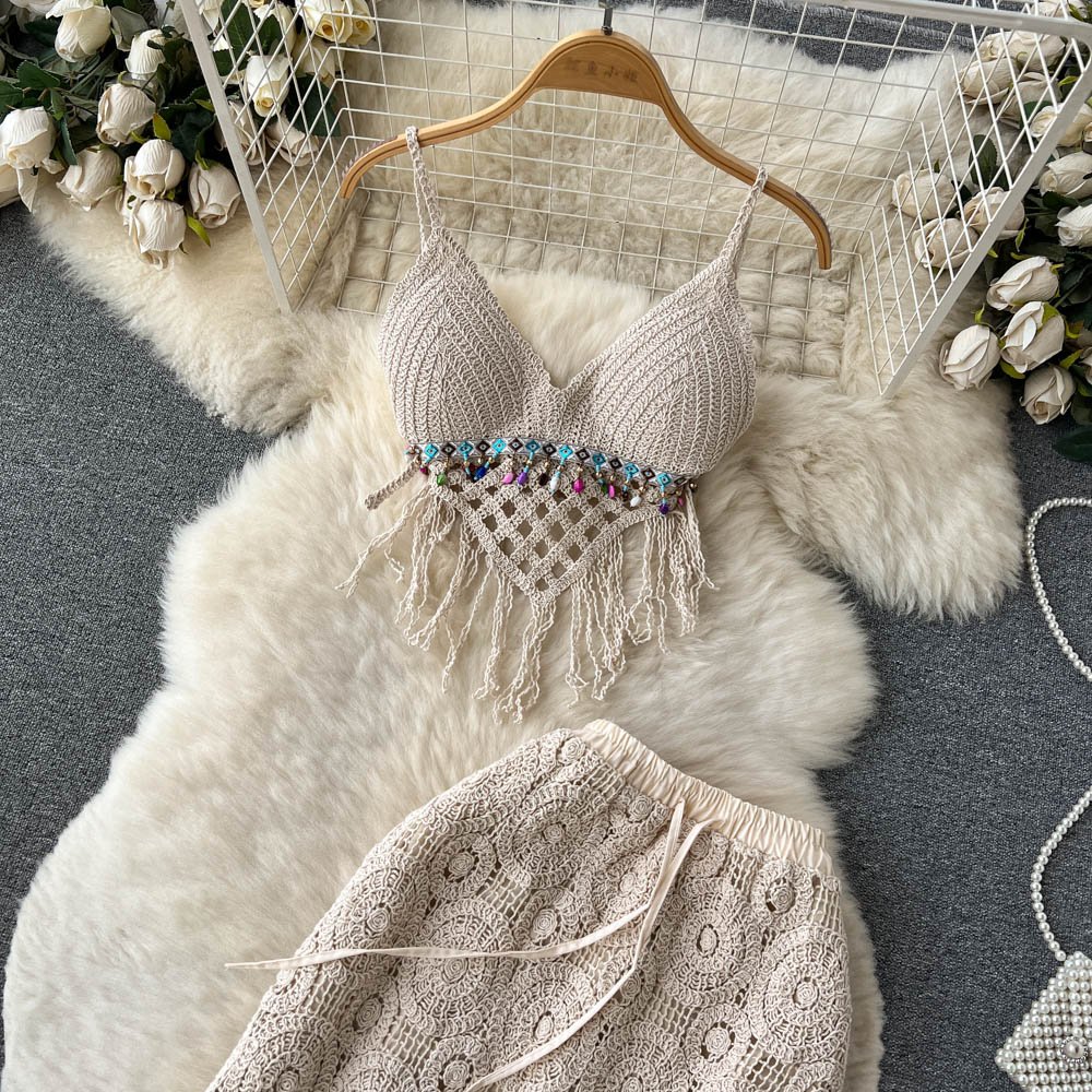 Bohemian Hollowed Out Set Skirt Women's Summer With Chest Pad Tassel Suspender Chest + Bag Half Skirt Two-piece Set