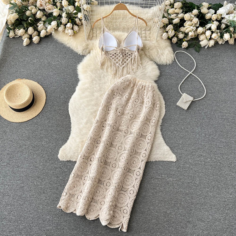Bohemian Hollowed Out Set Skirt Women's Summer With Chest Pad Tassel Suspender Chest + Bag Half Skirt Two-piece Set