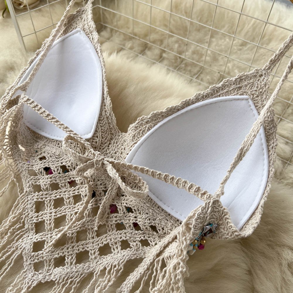 Bohemian Hollowed Out Set Skirt Women's Summer With Chest Pad Tassel Suspender Chest + Bag Half Skirt Two-piece Set