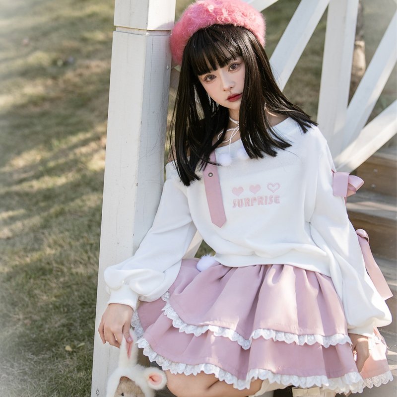 Original new Heart Beat women's white fall dress two-piece sister preppy Women's Sets