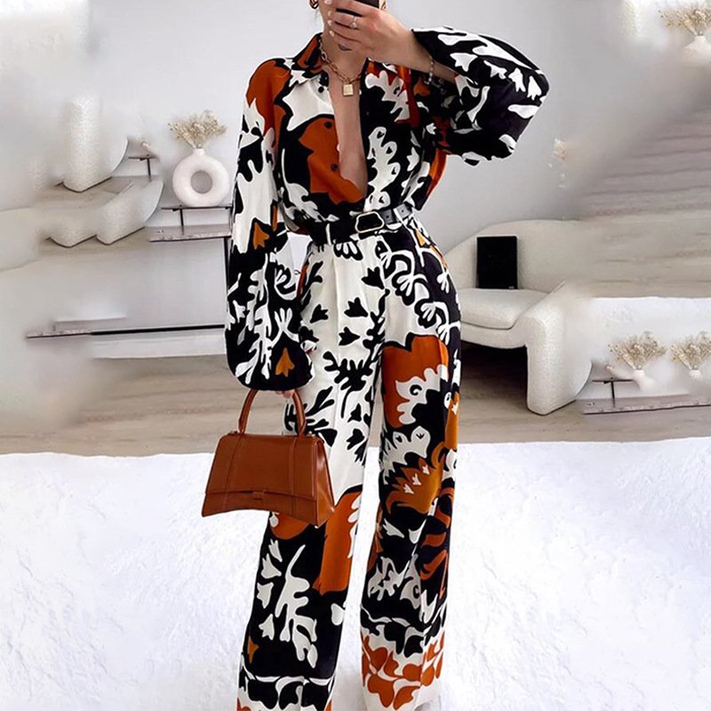 2022 New Fashion Style Long Sleeve Shirt and Short/Long Pants Casual Set Vintage Floral Print Women's Outfit Lounge Wear ODM OEM