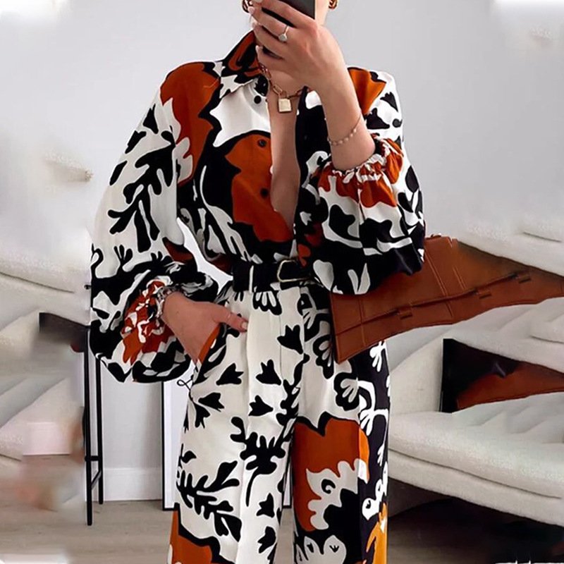 2022 New Fashion Style Long Sleeve Shirt and Short/Long Pants Casual Set Vintage Floral Print Women's Outfit Lounge Wear ODM OEM