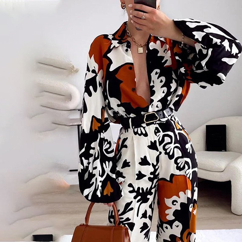 2022 New Fashion Style Long Sleeve Shirt and Short/Long Pants Casual Set Vintage Floral Print Women's Outfit Lounge Wear ODM OEM