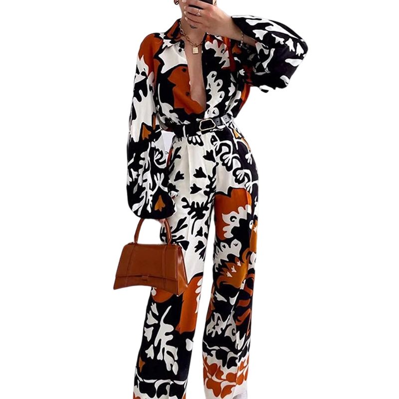 2022 New Fashion Style Long Sleeve Shirt and Short/Long Pants Casual Set Vintage Floral Print Women's Outfit Lounge Wear ODM OEM