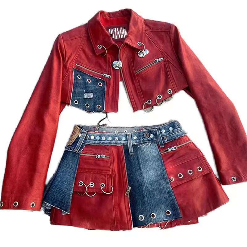DIZNEW 2024 womens Clothing Bulk Skirt Set 2 piece outfits wholesale patchwork leather crop tops and skirts for women