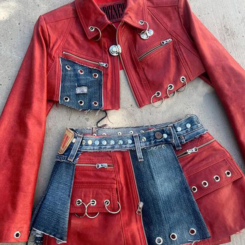 DIZNEW 2024 womens Clothing Bulk Skirt Set 2 piece outfits wholesale patchwork leather crop tops and skirts for women