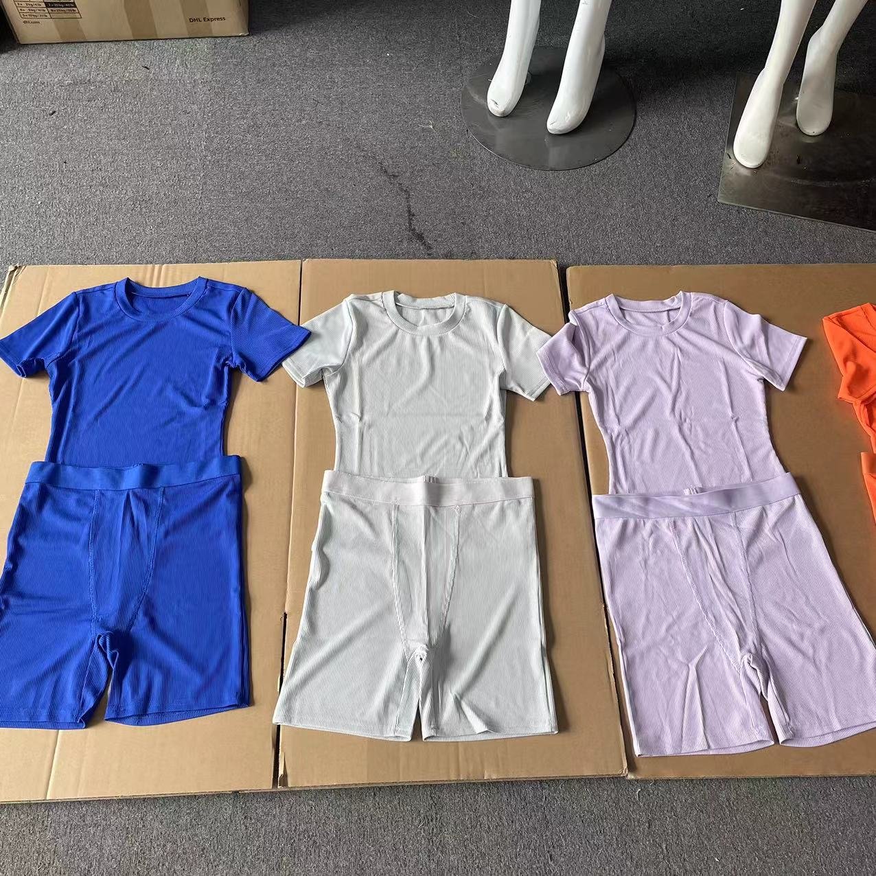 ready to ship products ropa de mujer women's clothing ribbed tshirt and shorts two 2 pieces Summer set Pajamas pyjama casual set
