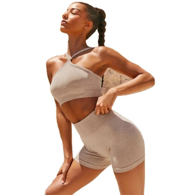 Women's Workout 2 Piece Outfits High Waist Running Sports Shorts Seam Gym Yoga Crop Top Bra Sets Summer Clothes