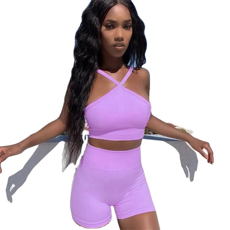 Women's Workout 2 Piece Outfits High Waist Running Sports Shorts Seam Gym Yoga Crop Top Bra Sets Summer Clothes