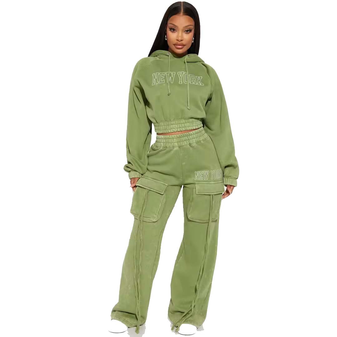 Acid wash Women Clothing Customized Casual 2 piece sweatshirt & joggers set Oversized casual streetwear women clothing set