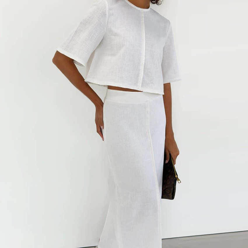 New arrivals Casual Two Piece Set trendy women clothing White package hip skirt cotton linen Women's Sets