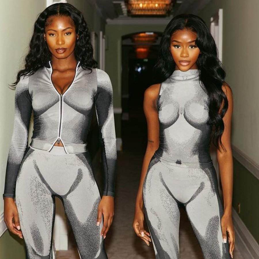 Kliou K22S25469 Sexy 3D Body Print 2 Piece Set Women Concise Sleeveless Two Pieces Pants Sets Slim Casual Women's Set