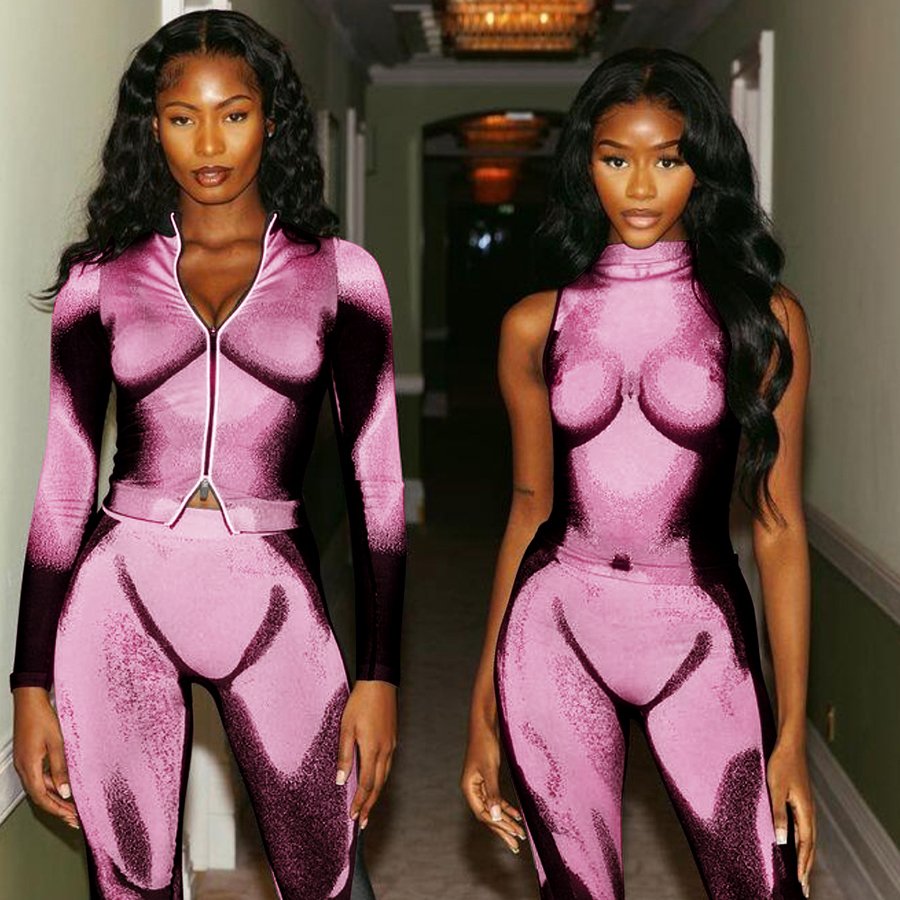 Kliou K22S25469 Sexy 3D Body Print 2 Piece Set Women Concise Sleeveless Two Pieces Pants Sets Slim Casual Women's Set