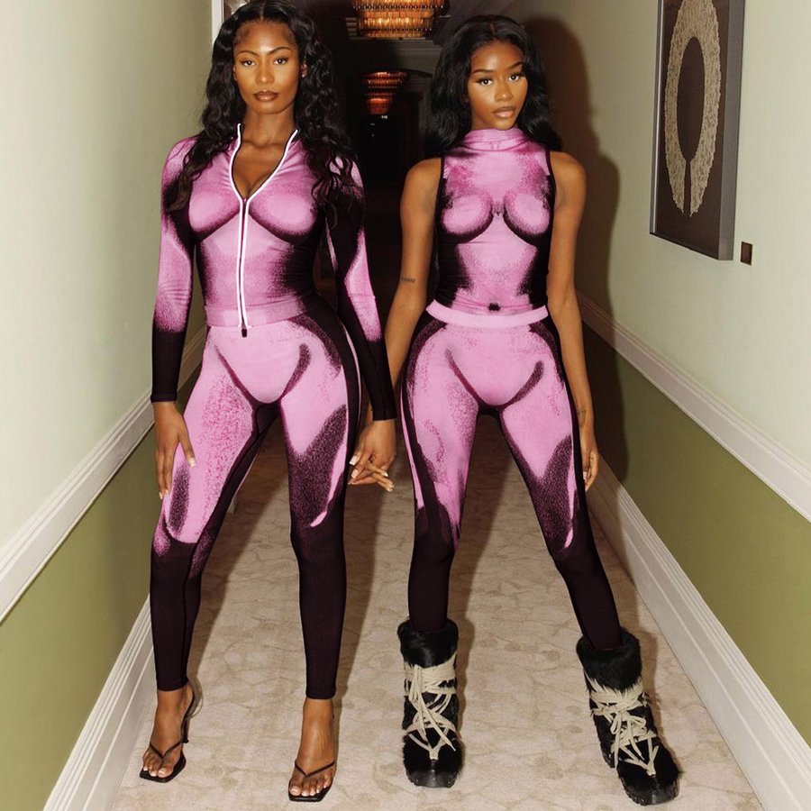 Kliou K22S25469 Sexy 3D Body Print 2 Piece Set Women Concise Sleeveless Two Pieces Pants Sets Slim Casual Women's Set