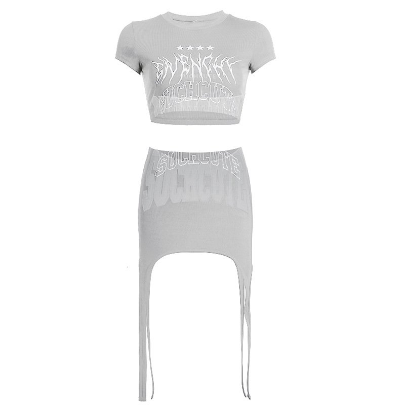 2023 New silk letter print crop top and bandage mini skirt two piece set women