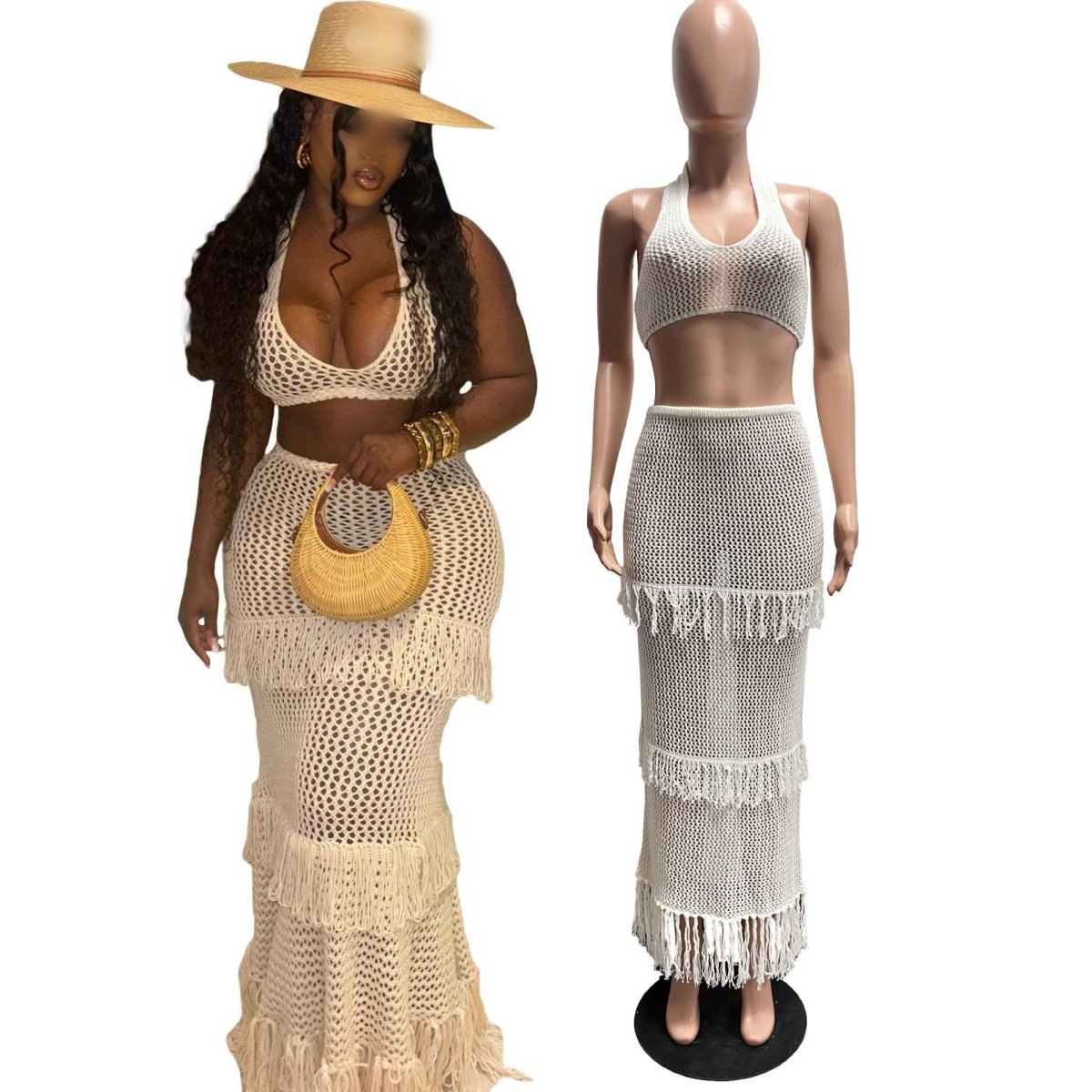 N1098J Summer Hollow Out Slash Neck Sleeveless Crop Top And Skirt 2 Piece Set Solid Skinny Casual Tassel Women's Set