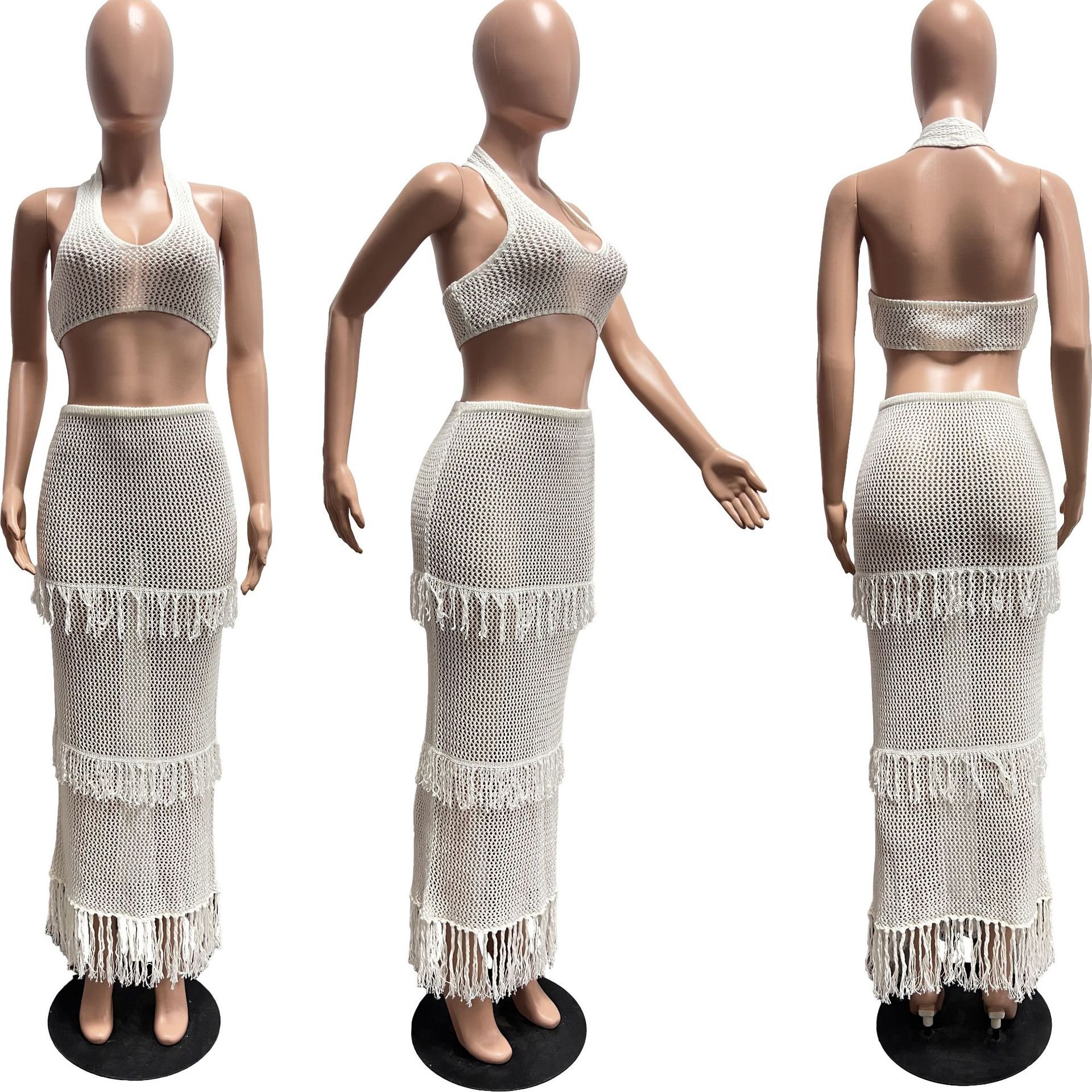 N1098J Summer Hollow Out Slash Neck Sleeveless Crop Top And Skirt 2 Piece Set Solid Skinny Casual Tassel Women's Set