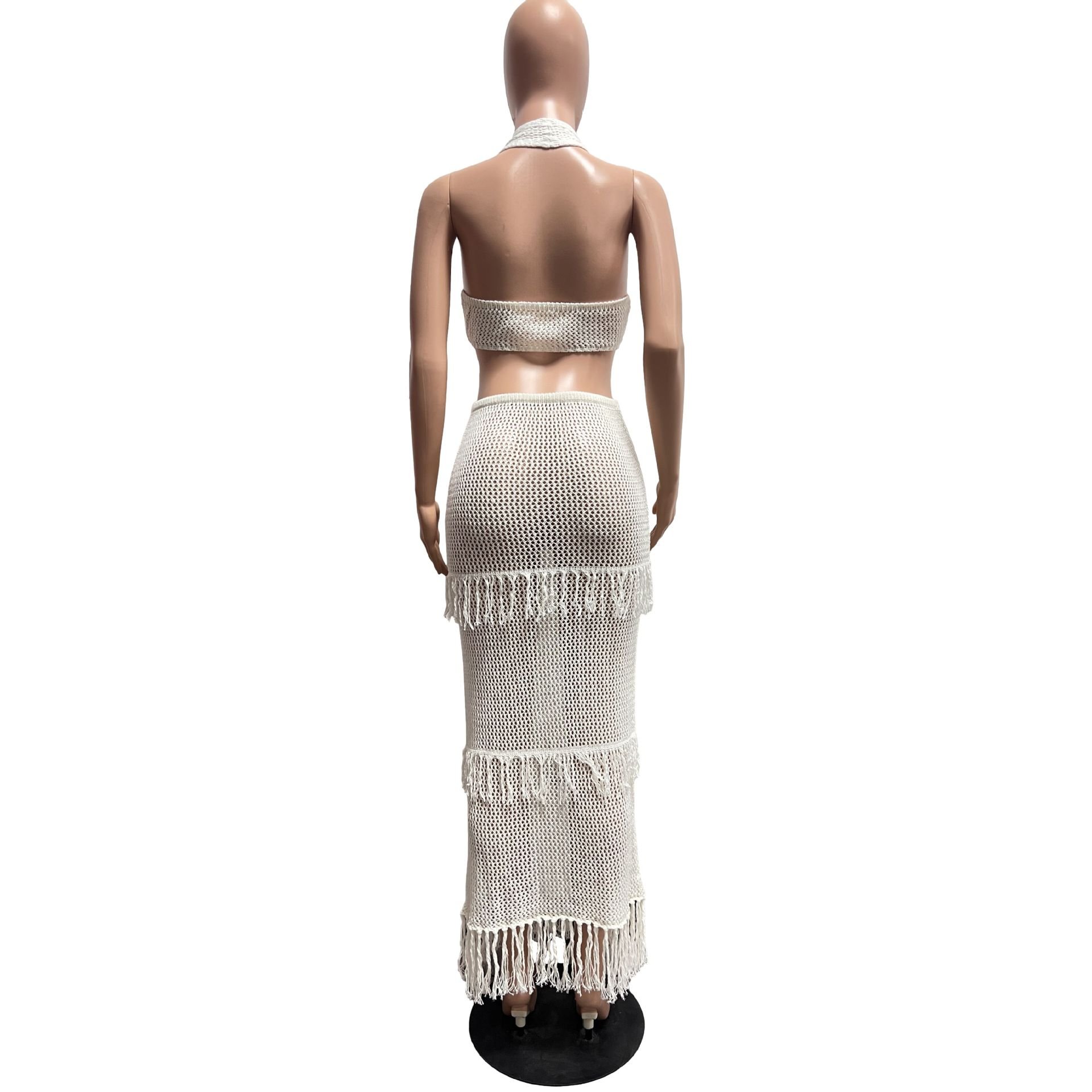 N1098J Summer Hollow Out Slash Neck Sleeveless Crop Top And Skirt 2 Piece Set Solid Skinny Casual Tassel Women's Set