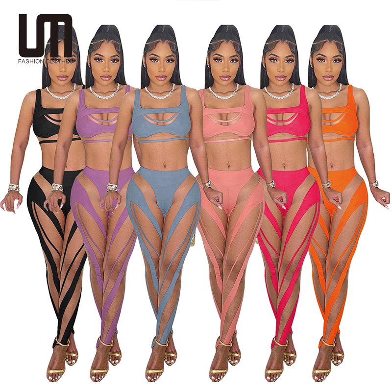 Liu Ming Spring Summer Women Clothing Y2K Outfits Mesh Hollow Printed Tank Top And Leggings 2 Piece Set